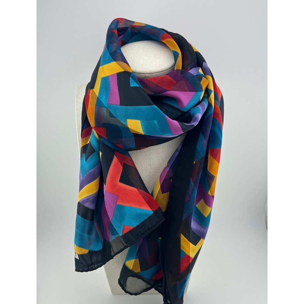 Vintage Elaine Gold Sheer Scarf Geometric Multicolor 51x11 1990"s Y2K